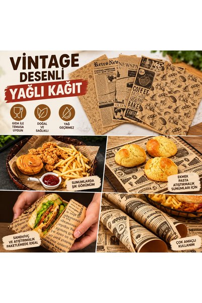 Amentes Kendinden Desenli Yağlı Kağıt | 50 Adet Vintage Gazete Desen Sunum Ka...