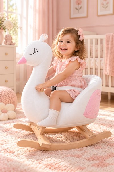 Pufu Toys Kuğu Peluş Sallanan Oyuncak – Ahşap Sallanan Güvenlik Kemerli Çocuk...