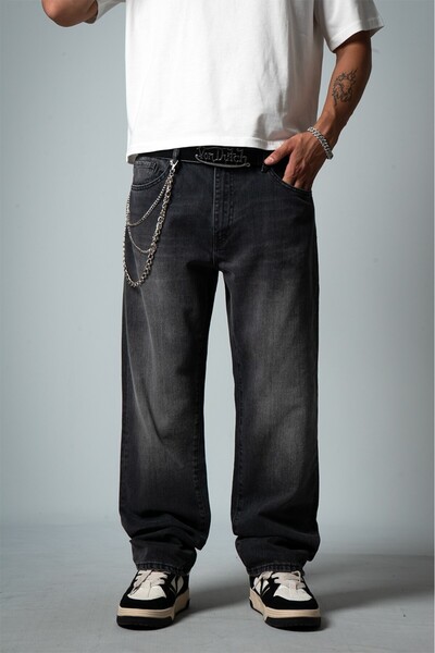GRJ denim Pantaloni de blugi pentru bărbați, stil grunge, croială largă, negr...