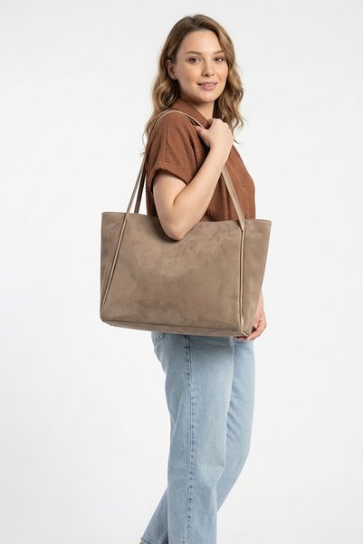 Luvenis Women's Suede Tote Bag with Zippered Inner Pocket, Large Casual Shoulder Bag 42X26 cm