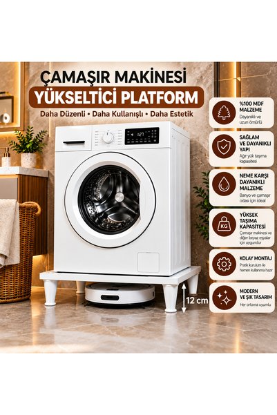 YNS BANYO %100 MDF Çamaşır Makinesi Yükseltici Platform 60x60 cm - 12 cm Ayak...