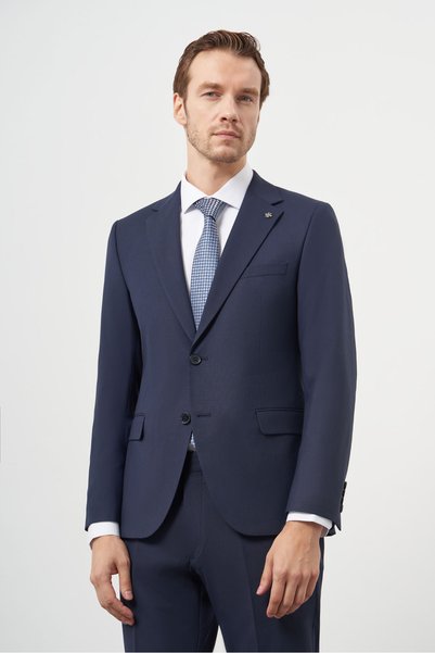 Morven Men's Navy Blue Wool Slim Fit Mono Collar Suit