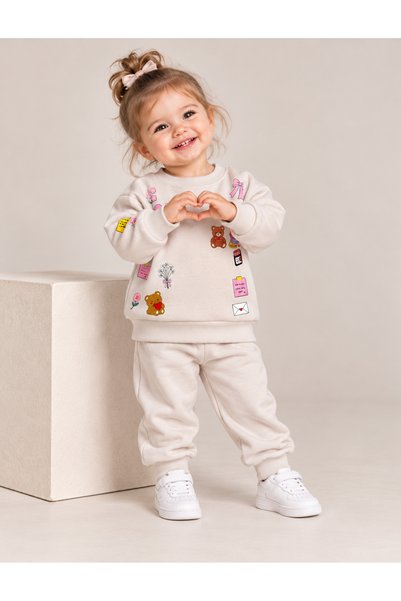 SEENJOB KİDS Simit Yaka Teddy Bear Printed Sweatshirt/Elastic Waist Sweatpant...