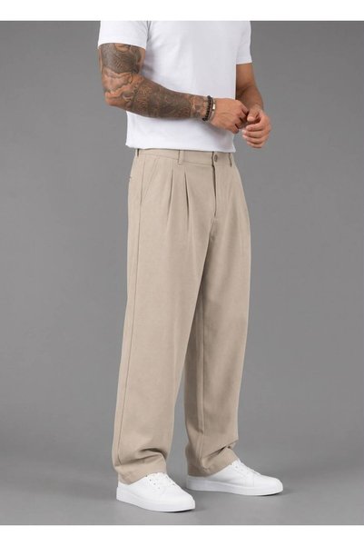 hello7 Erkek Krem Esnek Baggy Rahat Kalıp Çift File Beli Lastikli Bej Pantolo...