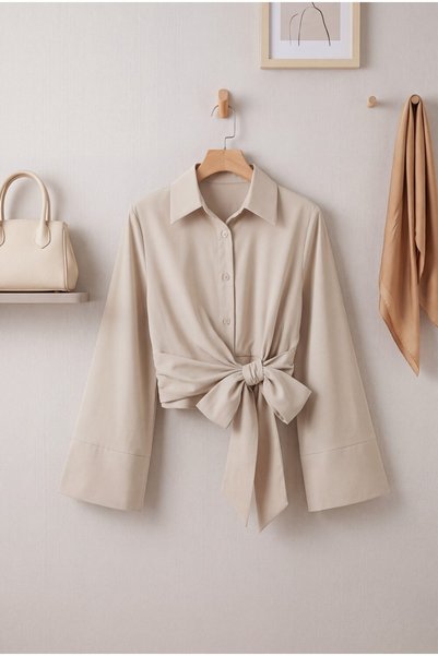 HİJABAYA Side-Tie Spanish Sleeve Pointed Collar Poplin Hijab Buttoned Shirt -...