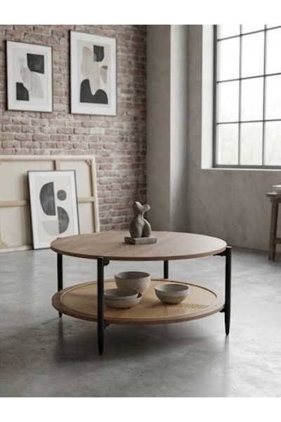 IN HOME STORE طاولة قهوة دائرية بررف سفلي خشب ومعدن بني