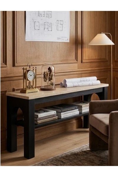 IN HOME STORE طاولة تلفزيون بتصميم عصري مع رف سفلي خشب ومعدن بيج وأسود
