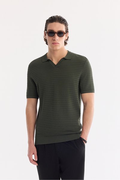 Avva Erkek Haki Polo Yaka Düğmesiz Dokulu Triko Regular Fit T-Shirt A61Y5033