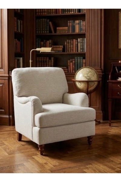 IN HOME STORE كرسي مفرد مريح بقماش وقاعدة خشبية بيج