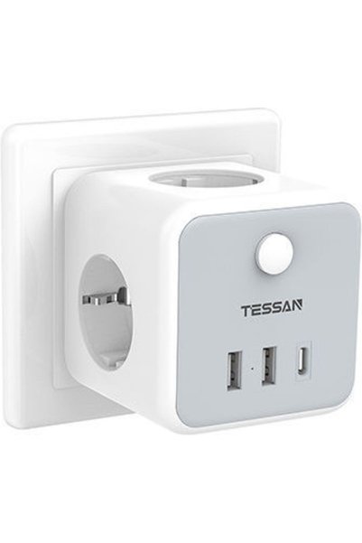 TESSAN PowerCube 3 Poziții cu 2 USB-A, 1 USB-C și Întrerupător Cod Gray: TS-3...