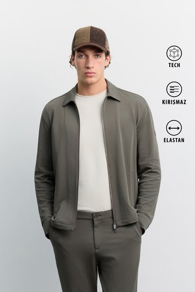 Avva Erkek Haki Klasik Yaka Fermuarlı Teknik Kumaş Comfort Fit Gömlek Ceket A...