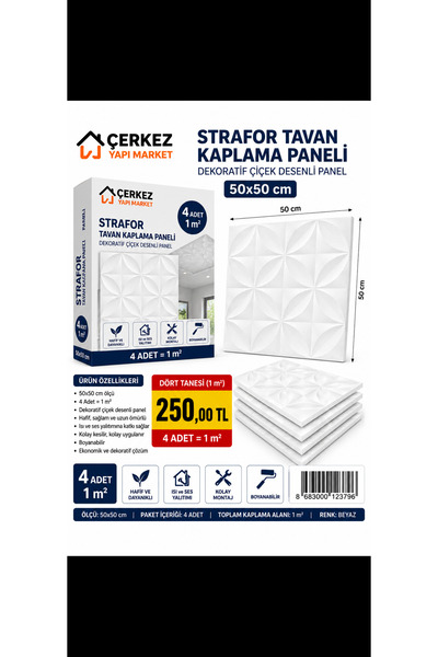 Genel Markalar Dekoratif Strafor Tavan Kaplama Paneli – Çiçek Desenli – 50×50 cm