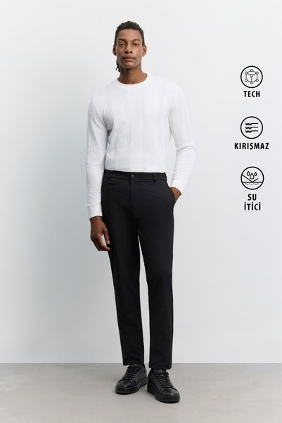 Avva Erkek Siyah Beli Lastikli Kırışmaz Su İtici Teknik Kumaş Slim Fit Pantol...