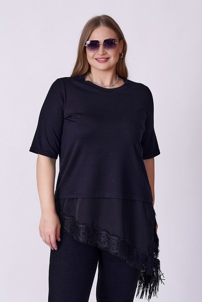 Büyük Moda Asimetrična majica sa čipkom i satenskim detaljima