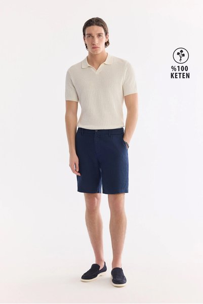 Avva Erkek Lacivert Beli Lastikli %100 Keten Relaxed Fit Şort B003732