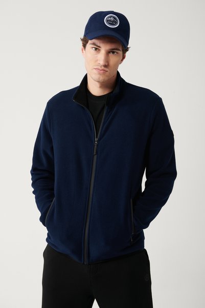 Avva Marineblaue Basic-Fleece-Strickjacke mit Stehkragen für Herren E001069