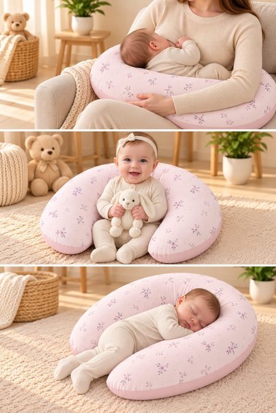 Çift Taraflı Ergonomik Emzirme Yastığı - Bebek Destek ve Oturma Minderi (Pembe Çiçek Desenli)