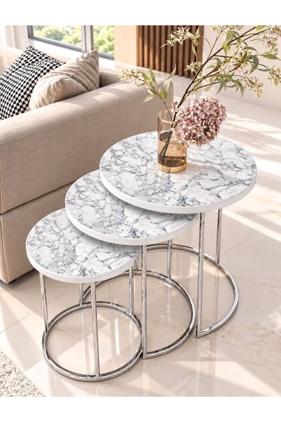Nokta Sehpa Home GÜMÜŞ Metal BEYAZ MERMER DESEN TABLA C Zigon Sehpa