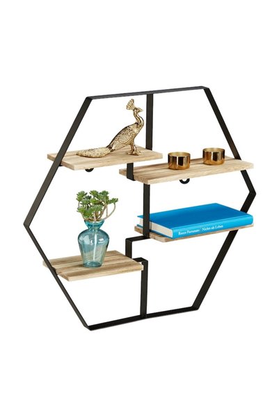 Relaxdays Raft de perete cu 4 rafturi, Relaxdays, natural/negru, 52 x 60 x 12 cm