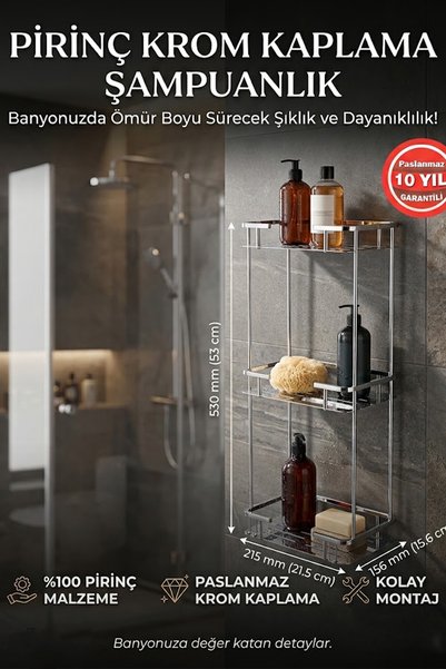 BanyomHome Chrome Stainless Brass 3-Piece Lidya Shampoo Dispenser Bathroom Sh...