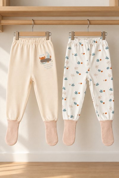 %100 ORGANİK PAMUK 2'li Pijama Çoraplı Alt 3-36 Ay