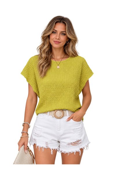 Ocoza Vs-F008 Abigail Yellow Textured Crew Neck Drop Shoulder Short Sleeve Bl...