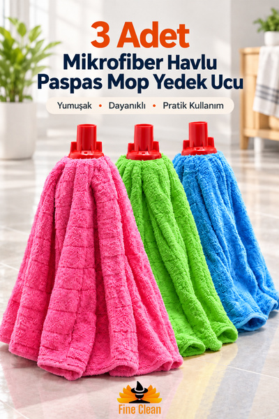 Fine Clean (3 ADET) Mikrofiber Havlu Paspas Mop Yedek Ucu , Alt Kısmı Dolgulu...
