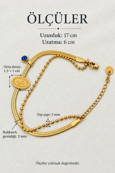 beus Top ve Balık Sırtı Boncuk Detaylı Bileklik 316L Paslanmaz Çelik Gold Ayarlanabilir - Kadın