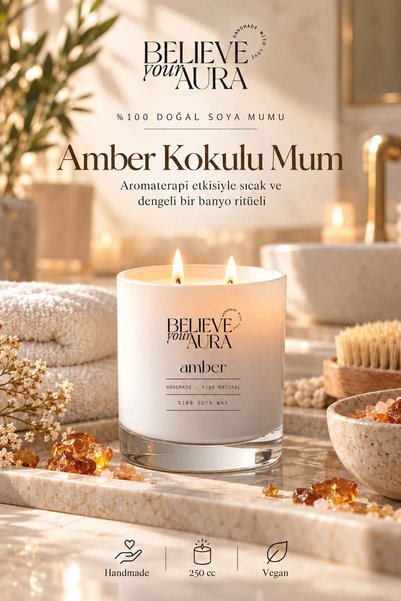 Believe Your Aura Amber Kokulu Mum - %100 Doğal Soya Mumu Aromaterapi ve Deko...