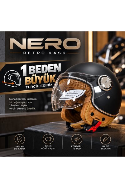 OKYANUSMOTO MOTOSİKLET VESPA TARZI YARIM KASK NERO ( 1 BEDEN BÜYÜK SEÇİNİZ )