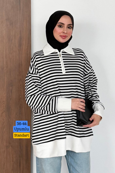 Balenbi Kadın Oysh Modal Kumaş Fermuarlı Polo Yaka Çizgili Tunik 408 Siyah