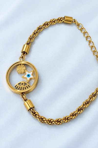 beus Yıldız ve Göz Detaylı Bileklik 316L Paslanmaz Çelik Gold 19 cm Ayarlanabilir - Kadın