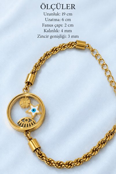 beus Yıldız ve Göz Detaylı Bileklik 316L Paslanmaz Çelik Gold 19 cm Ayarlanabilir - Kadın