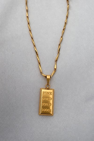 beus Kararmaz Külçe Kolye 316L Paslanmaz Çelik Gold - Kadın