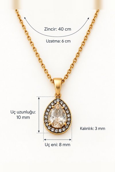 beus Kararmaz Damla Beyaz Zirkon Taşlı Kolye 316L Paslanmaz Çelik Gold 40 cm - Kadın