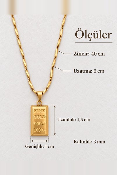 beus Kararmaz Külçe Kolye 316L Paslanmaz Çelik Gold - Kadın