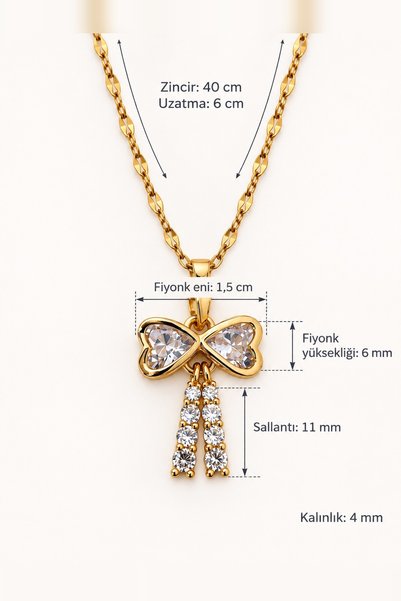 beus Zirkon Taşlı Damla Detaylı Fiyonk Kolye 316L Paslanmaz Çelik Gold 40+6 cm - Kadın