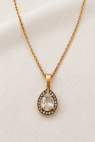 beus Kararmaz Damla Beyaz Zirkon Taşlı Kolye 316L Paslanmaz Çelik Gold 40 cm - Kadın