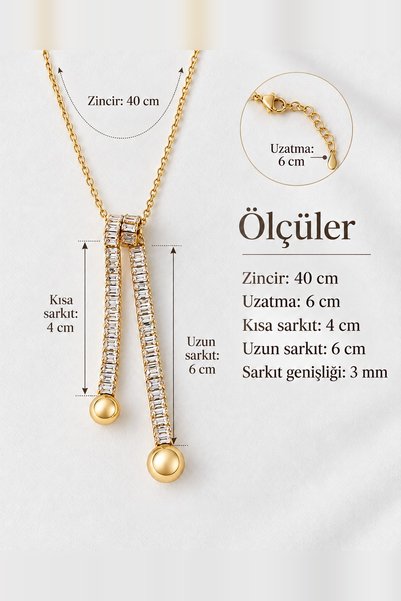 beus Zirkon Baget Taşlı Sallantılı Y Kolye 316L Paslanmaz Çelik Gold 40+6 cm - Kadın