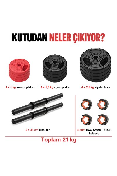 ECG Ecgspor 21 KG (2x10,5kg) Multifonksiyonel Grip Plate Dambıl Seti Kırmızı -siyah