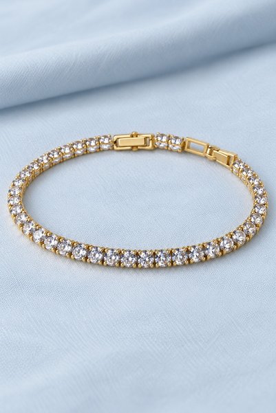 beus Tek Sıra Zirkon Taşlı Bileklik 316L Paslanmaz Çelik Gold Ayarlanabilir - Kadın