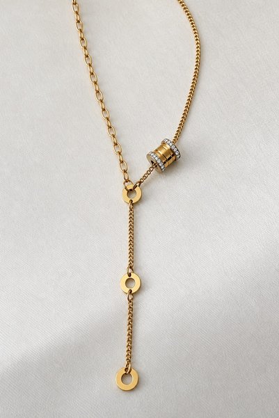 beus Kararmaz Zirkon Taşlı Silindirli Kolye 316L Paslanmaz Çelik Gold 40 cm - Kadın