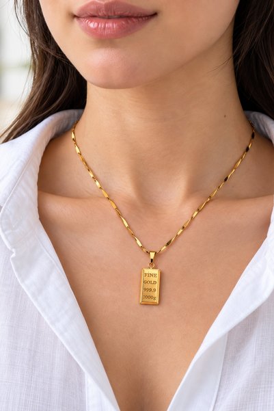 beus Kararmaz Külçe Kolye 316L Paslanmaz Çelik Gold - Kadın