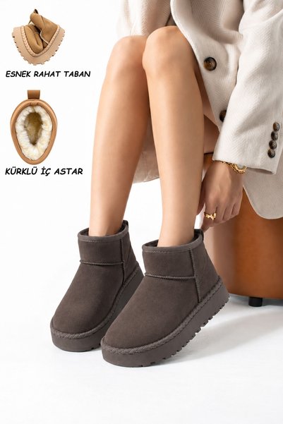 AlbiShoes Cizme de damă cu talpă groasă, cu aspect de piele întoarsă, cu căpt...