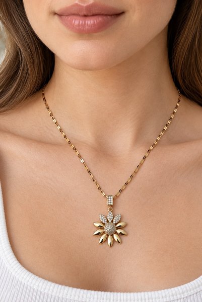 beus Zirkon Taşlı Papatya Kolye 316L Paslanmaz Çelik Gold 40+6 cm - Kadın