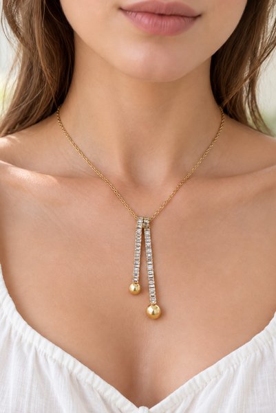 beus Zirkon Baget Taşlı Sallantılı Y Kolye 316L Paslanmaz Çelik Gold 40+6 cm - Kadın