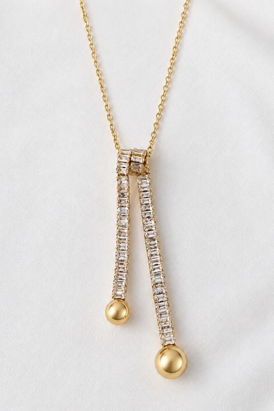 beus Zirkon Baget Taşlı Sallantılı Y Kolye 316L Paslanmaz Çelik Gold 40+6 cm - Kadın