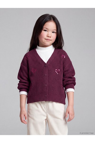 LC Waikiki Peak New Season Plum Sequin Embroidered Girls' Knit Sweater