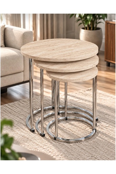 Nokta Sehpa Home Sehba 3lü Gümüş METAL traverten TABLA 3,lü Zigon Sehpa