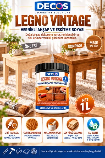 DECOS LEGNO VINTAGE Meşe Rengi – Su Bazlı Vernikli Ahşap ve Eskitme Boyası - ...